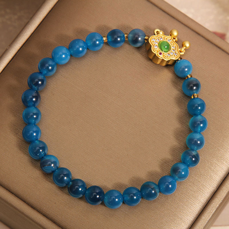 Fortune Jewel Blue Candy Agate Chinese Lock Charm Healing Bracelet