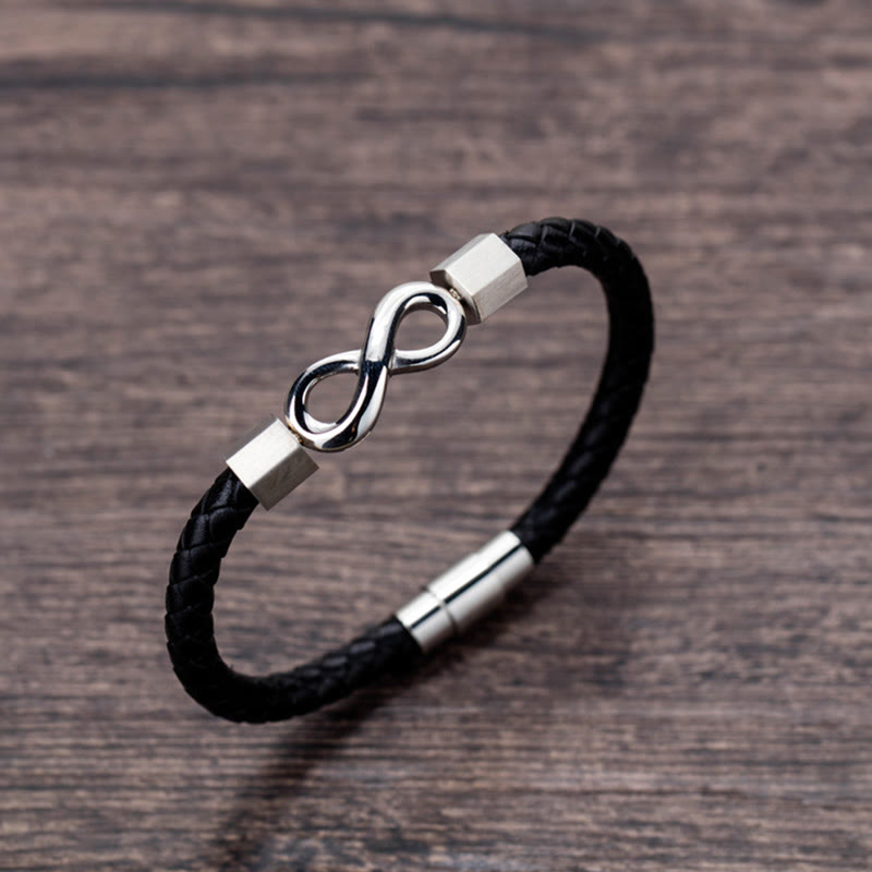 Fortune Jewel Endless Knot Titanium Steel Infinity Leather Weave Balance Bracelet