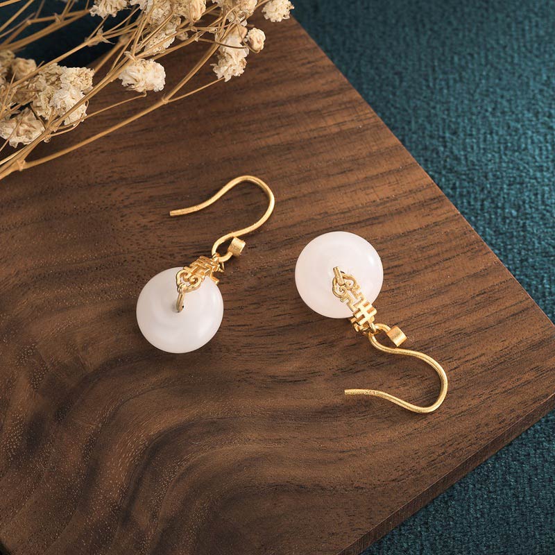 Fortune Jewel White Jade Double Happiness Fortune Earrings