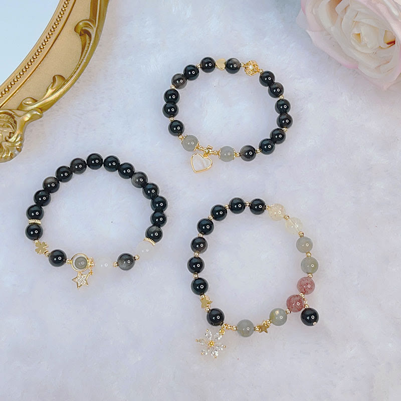 Fortune Jewel Natural Silver Sheen Obsidian Love Heart Star Flower Protection Bracelet
