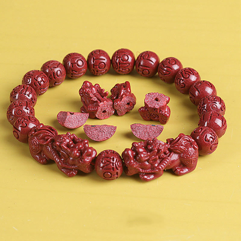 Fortune Jewel Natural Double PiXiu Cinnabar Om Mani Padme Hum Wealth Luck Bead Bracelet