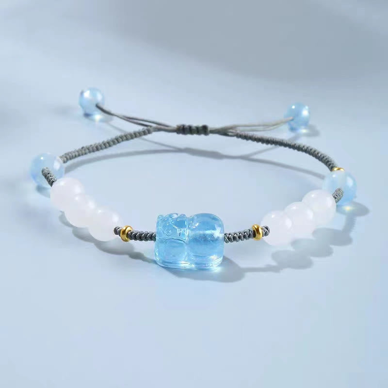 Fortune Jewel Natural Aquamarine PiXiu Hetian White Jade Healing Bracelet