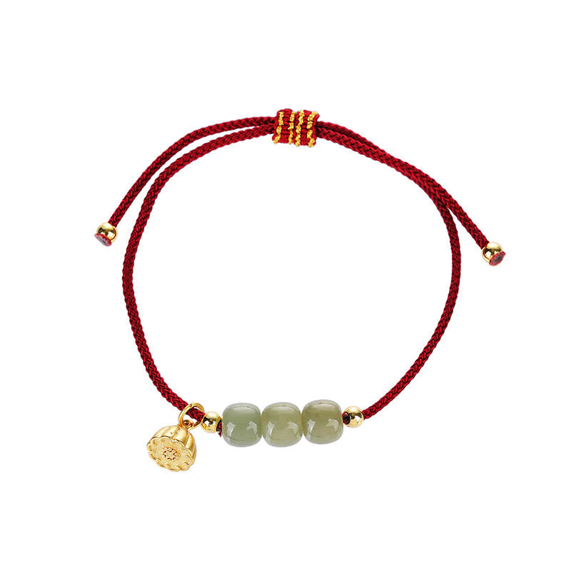 Fortune Jewel Handmade Hetian Jade Bead Lotus Pod Prosperity Luck Braided Bracelet