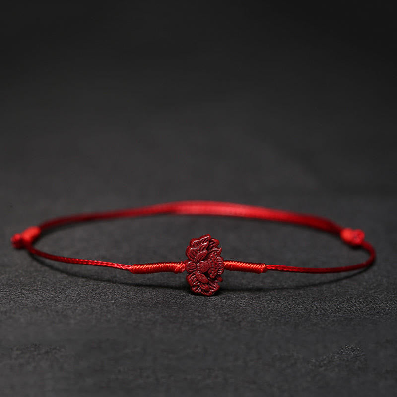 Fortune Jewel Handmade Plum Blossom Four Leaf Clover PiXiu Lotus Koi Fish Cinnabar Blessing Braid Bracelet