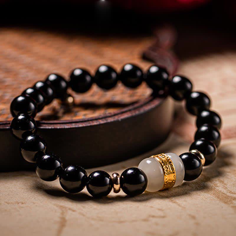 Fortune Jewel Black Obsidian Jade Om Mani Padme Hum Strength Couple Magnetic Bracelet