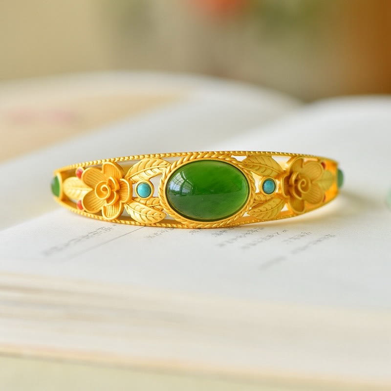 Fortune Jewel Cyan Jade White Jade Flower Leaf Harmony Luck Bracelet Bangle