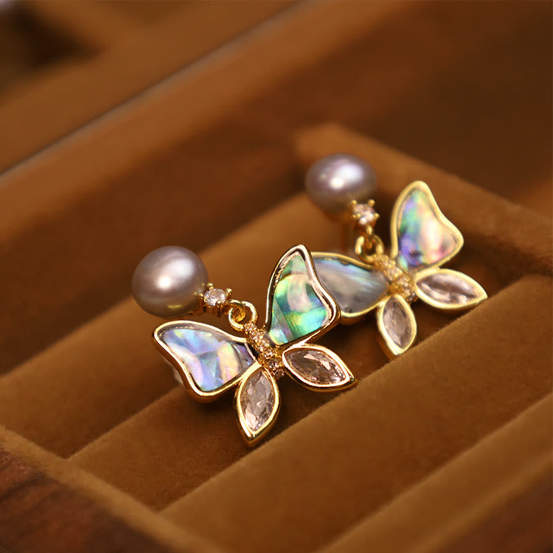 Fortune Jewel 18K Gold Plated Copper Natural Shell Pearl Butterfly Sincerity Stud Earrings