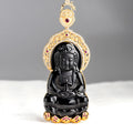Fortune Jewel Natural Black Jade Kwan Yin Avalokitesvara Wealth Titanium Steel Chain Necklace Pendant Fortune Jewel