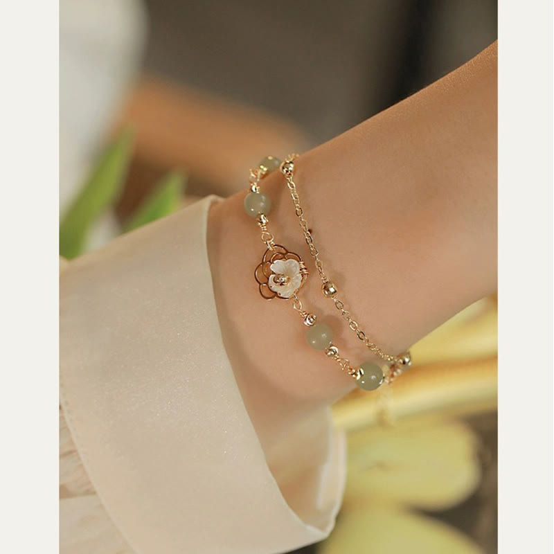 Fortune Jewel 14K Gold Plated Jade Butterfly Tridacna Stone Flower Double Layer Luck Bracelet