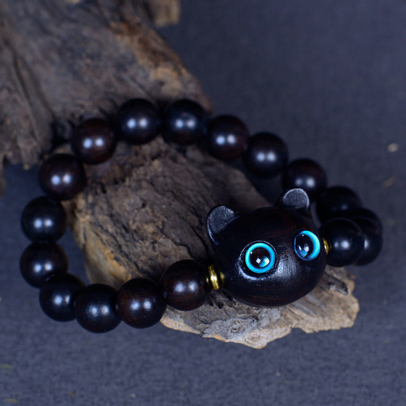 Fortune Jewel Ebony Wood Liuli Glass Lovely Cat Peace Balance Bracelet