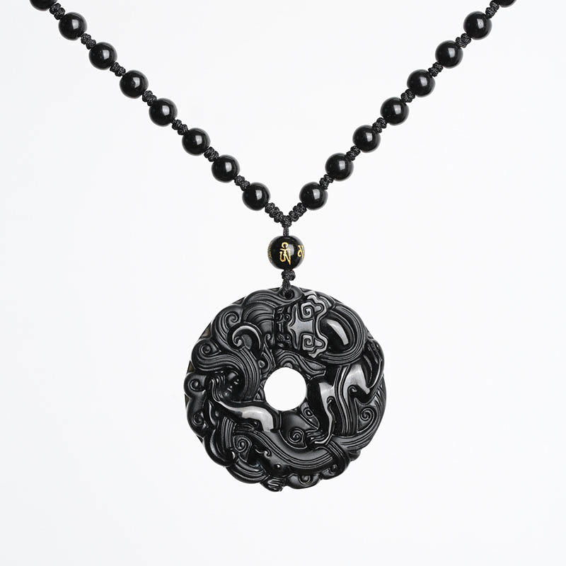 Fortune Jewel Natural Black Obsidian Peace Buckle Pixiu Purification Necklace Pendant