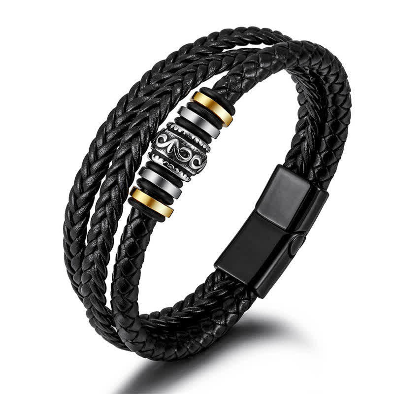 Fortune Jewel Leather Layered Titanium Steel Balance Braided Bracelet