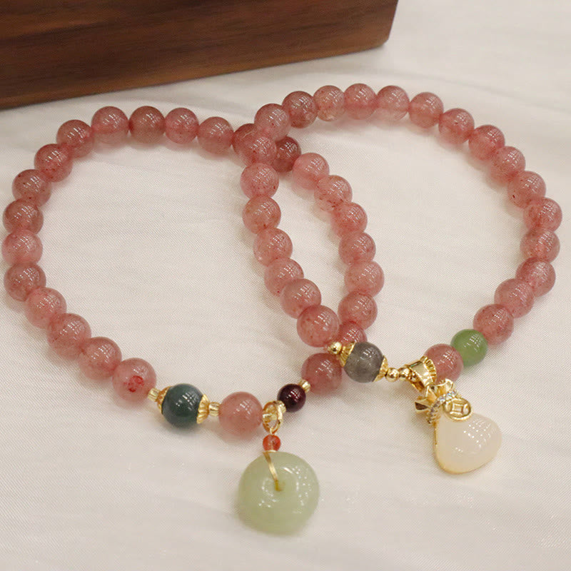 Fortune Jewel Natural Strawberry Quartz Jade Peace Buckle Coin Purse Healing Bracelet