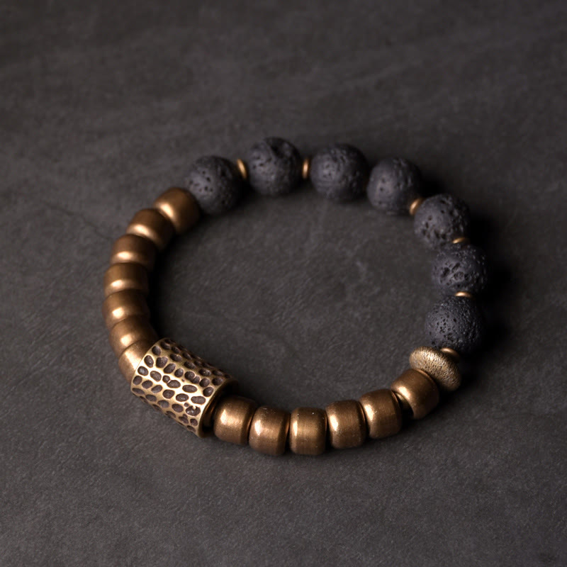 Fortune Jewel Lava Rock Stone Rainbow Obsidian Brass Support Healing Bracelet