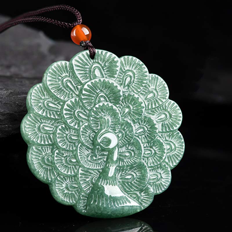 Fortune Jewel Natural Jade Peacock Luck Prosperity Necklace Pendant