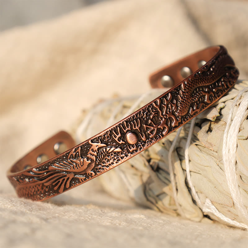 Fortune Jewel Dragon Phoenix Magnetic Solid Copper Cuff Bracelet Bangle