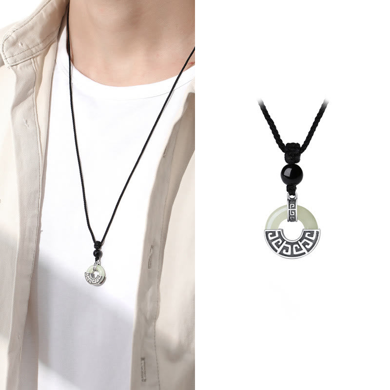 Fortune Jewel 925 Sterling Silver Natural Hetian Jade Peace Buckle Prosperity Necklace Pendant