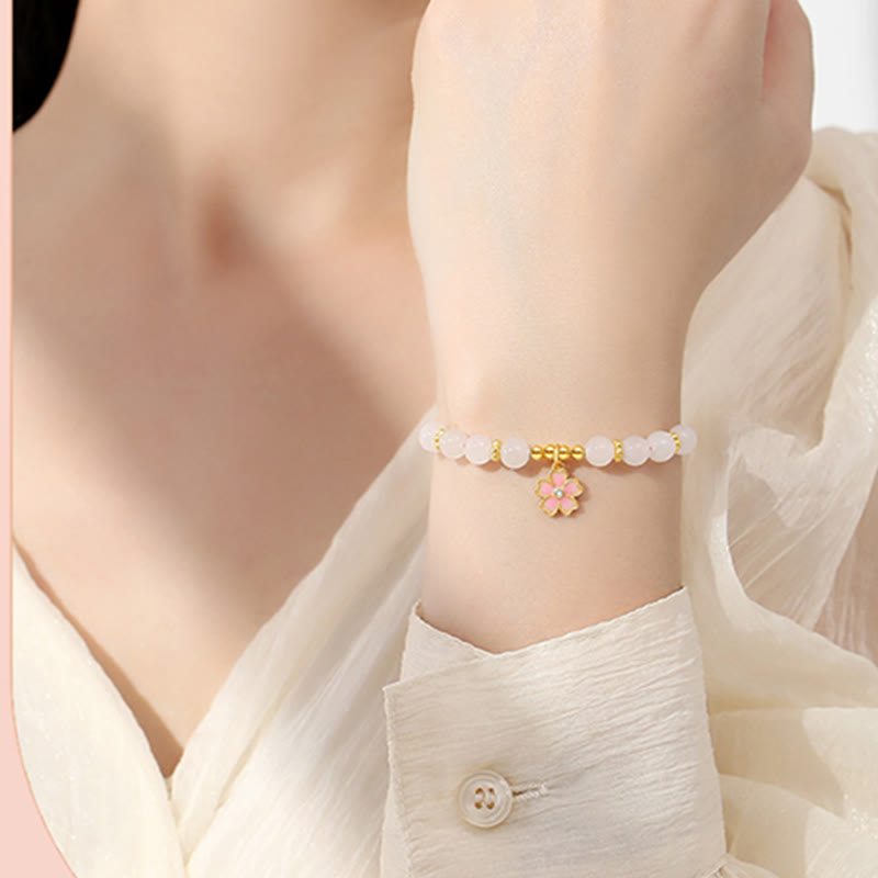 Fortune Jewel 925 Sterling Silver Hetian White Jade Cherry Blossom Protection Bracelet