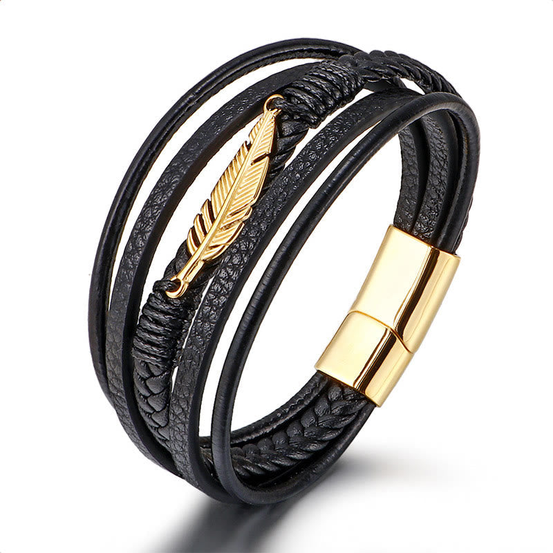 Fortune Jewel Feather Pattern Multilayer Leather Titanium Steel Calm Braided Magnetic Buckle Bracelet