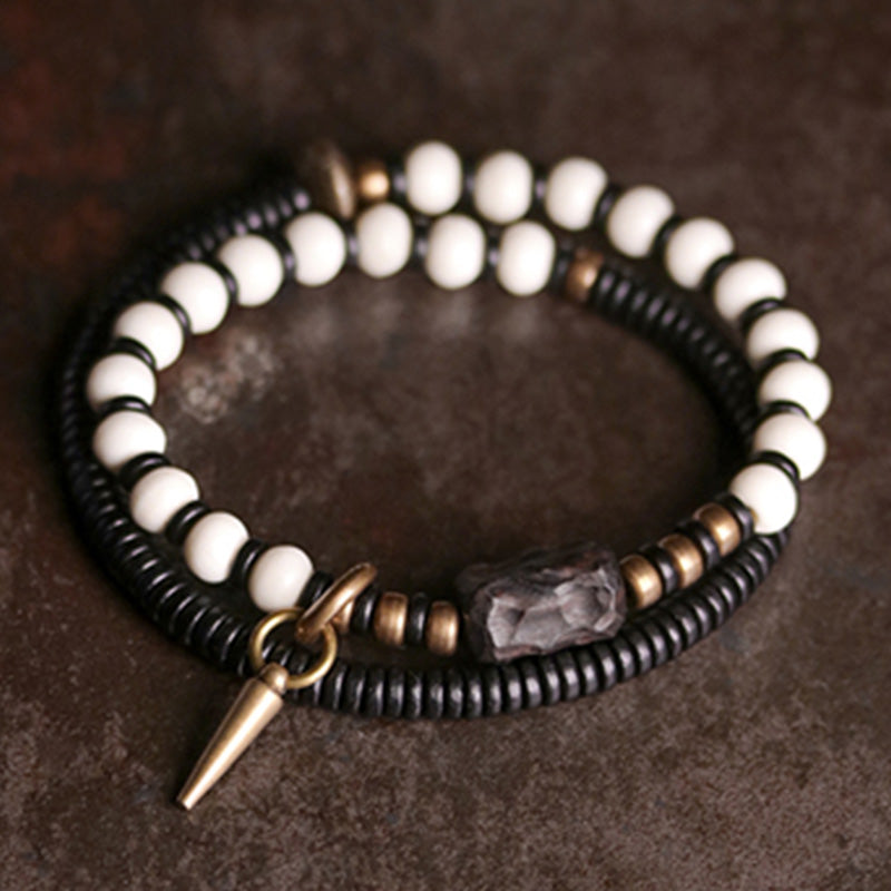 Fortune Jewel Bone Beads Ebony Wood Copper Strength Couple Bracelet