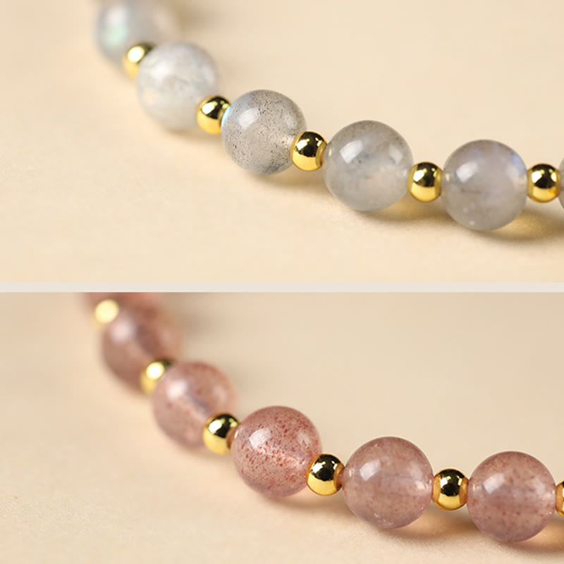 Fortune Jewel 14K Gold Plated Natural Strawberry Quartz Labradorite Sun Stone Fu Character Positive Charm Bracelet