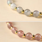 Fortune Jewel 14K Gold Plated Natural Strawberry Quartz Labradorite Sun Stone Fu Character Positive Charm Bracelet