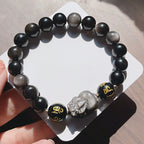 Fortune Jewel Natural Silver Sheen Obsidian Black Obsidian Om Mani Padme Hum Pixiu Protection Bracelet