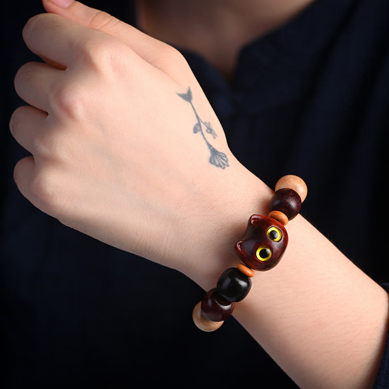 Fortune Jewel Small Leaf Red Sandalwood Ebony Wood Cute Cat Engraved Protection Bracelet