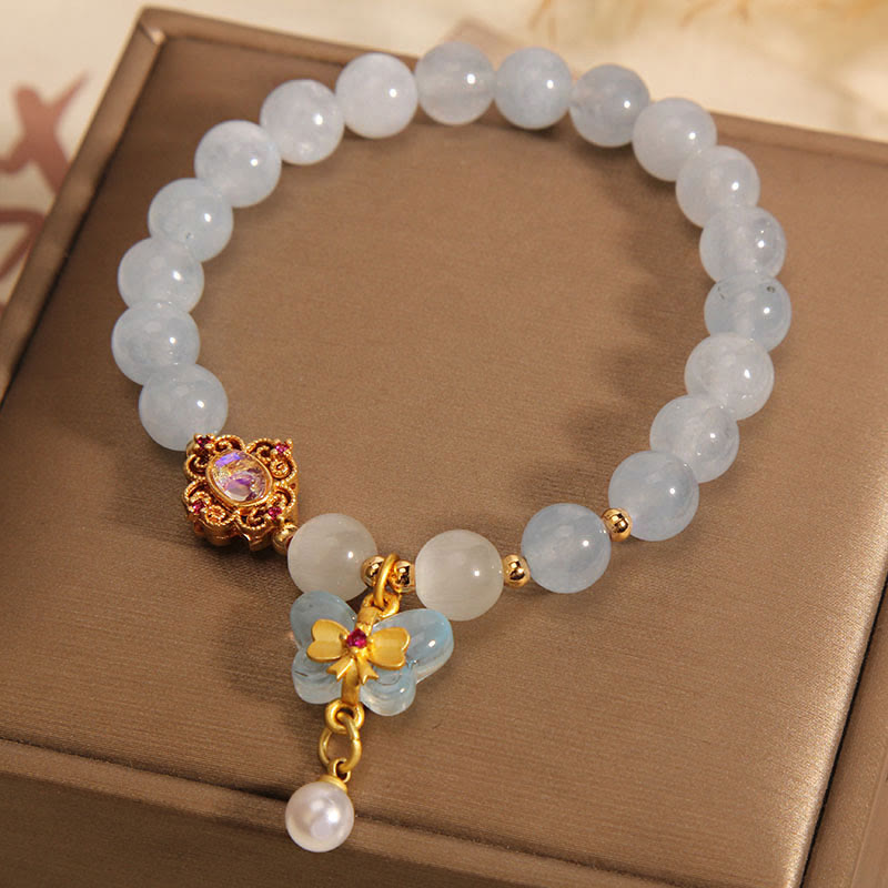 Fortune Jewel Aquamarine Cat's Eye Healing Butterfly Pearl Charm Bracelet