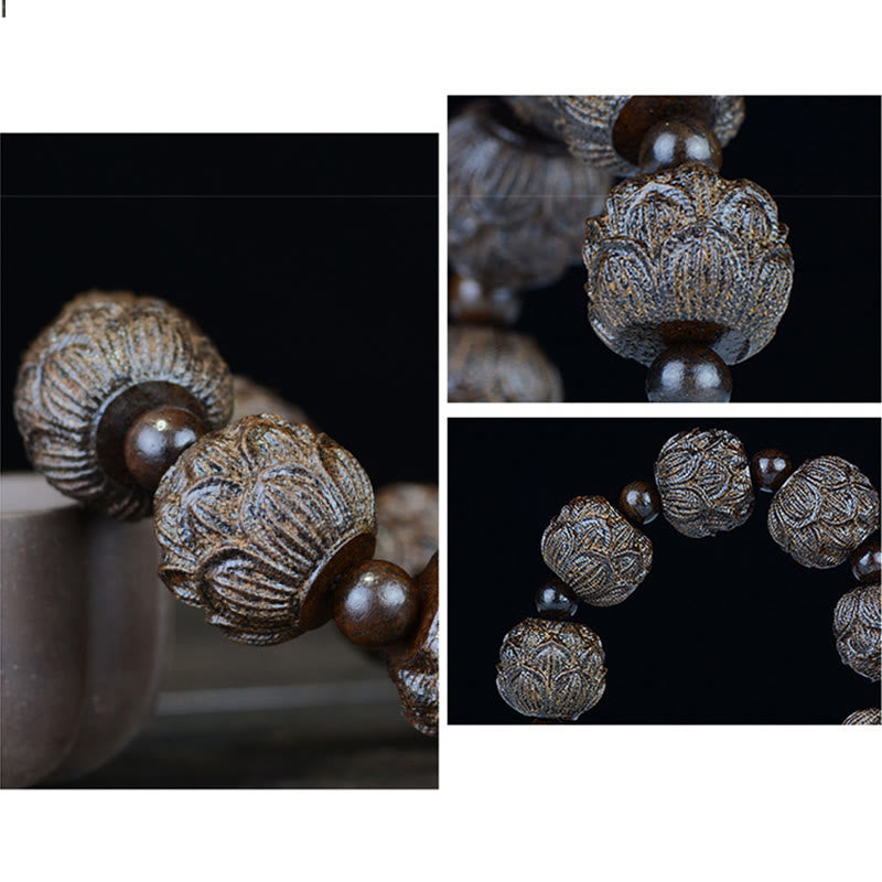 Fortune Jewel Ebony Wood Eighteen Arhats Lotus Dragon Engraved Balance Bracelet Fortune Jewel