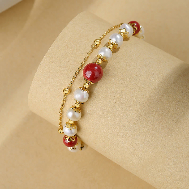 Fortune Jewel 925 Sterling Silver Pearl Cinnabar Wisdom Bead Double Layer Chain Bracelet