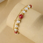 Fortune Jewel 925 Sterling Silver Pearl Cinnabar Wisdom Bead Double Layer Chain Bracelet