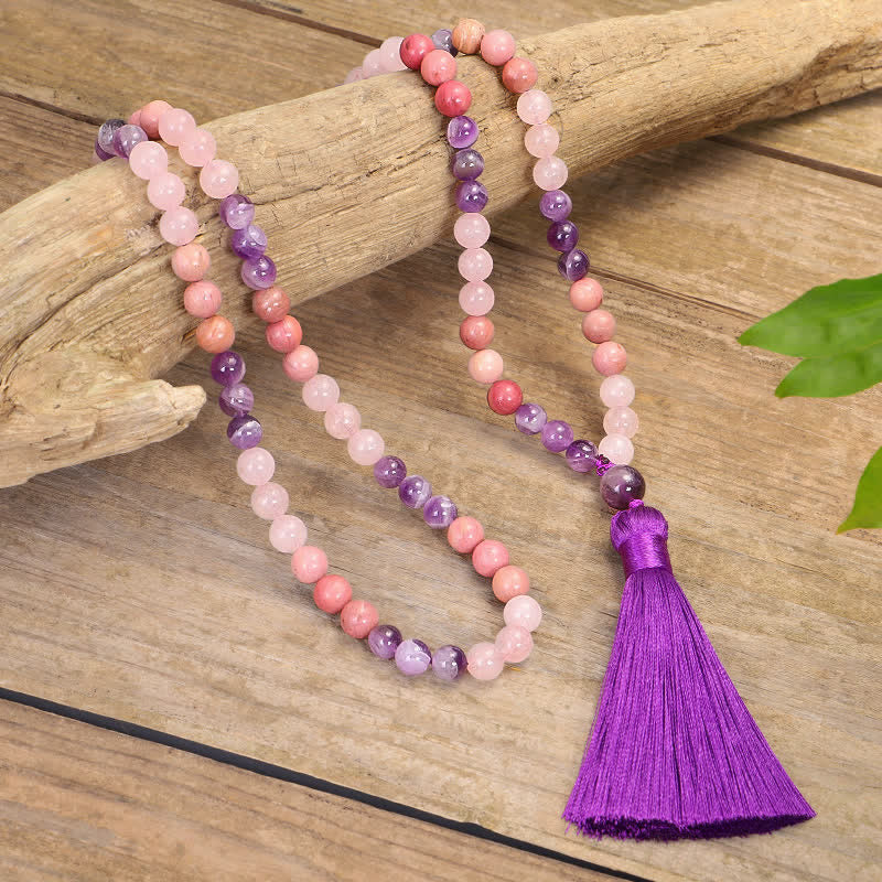 Fortune Jewel 108 Mala Beads Amethyst Rose Quartz Spiritual Healing Tassel Bracelet