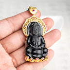 Fortune Jewel Natural Black Jade Kwan Yin Avalokitesvara Wealth Titanium Steel Chain Necklace Pendant Fortune Jewel