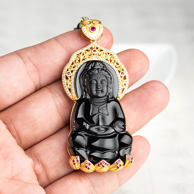 Fortune Jewel Natural Black Jade Kwan Yin Avalokitesvara Wealth Titanium Steel Chain Necklace Pendant Fortune Jewel