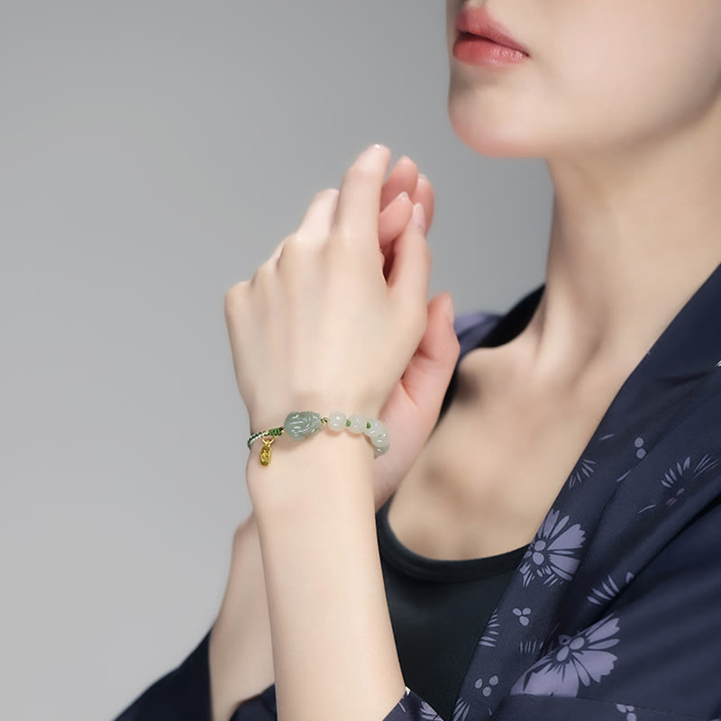 Fortune Jewel Natural Hetian Jade PiXiu Luck Fu Character String Bracelet