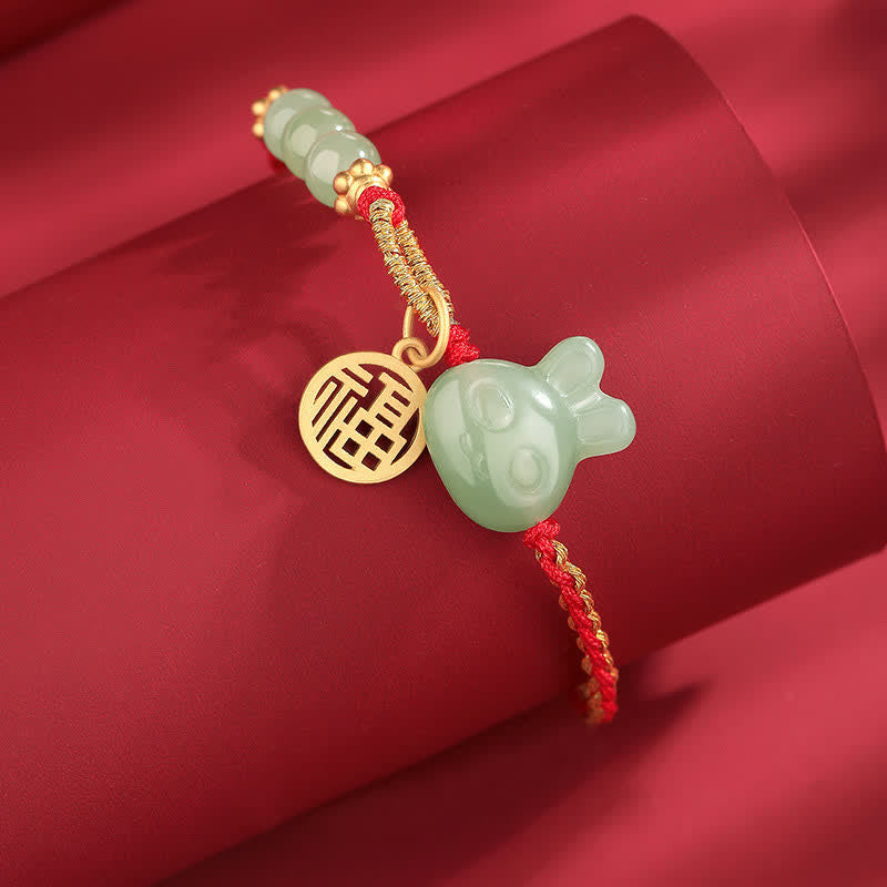 Fortune Jewel 925 Sterling Silver Year of the Rabbit Hetian Jade Happiness Luck Red String Bracelet