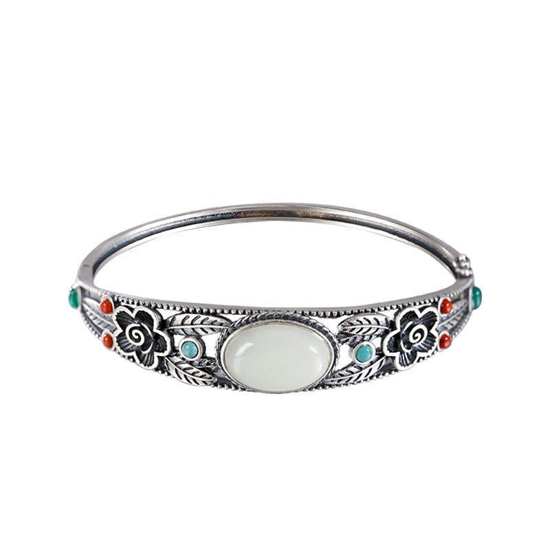 Fortune Jewel Cyan Jade White Jade Flower Leaf Harmony Luck Bracelet Bangle