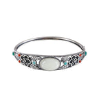Fortune Jewel Cyan Jade White Jade Flower Leaf Harmony Luck Bracelet Bangle