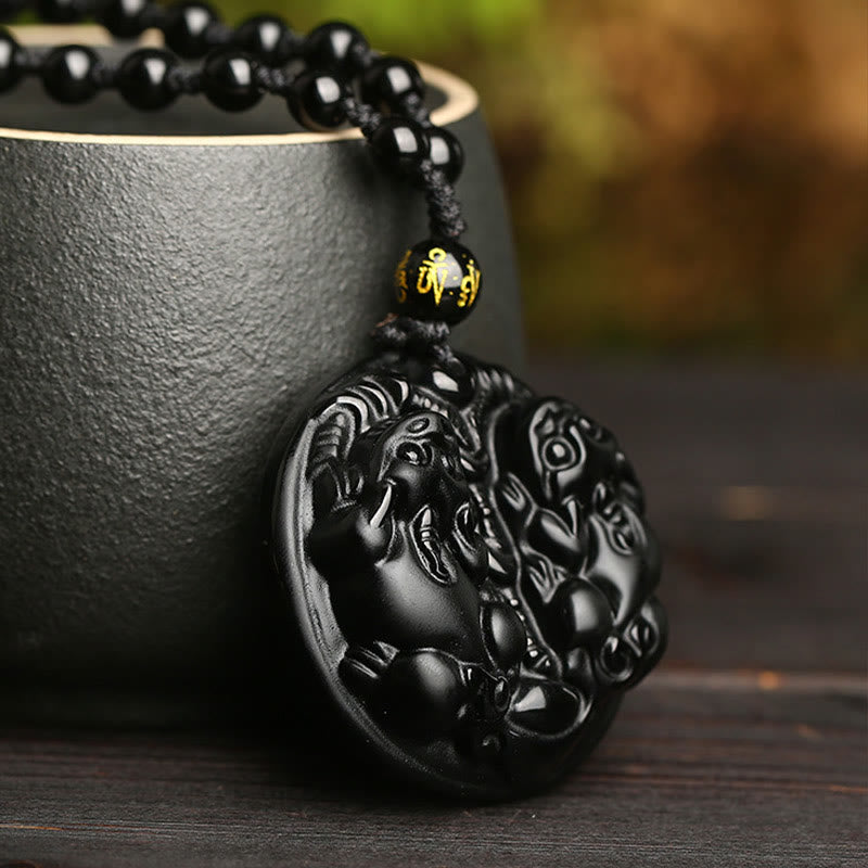 Fortune Jewel Black Obsidian Double Pixiu Bead Rope Purification Necklace Pendant