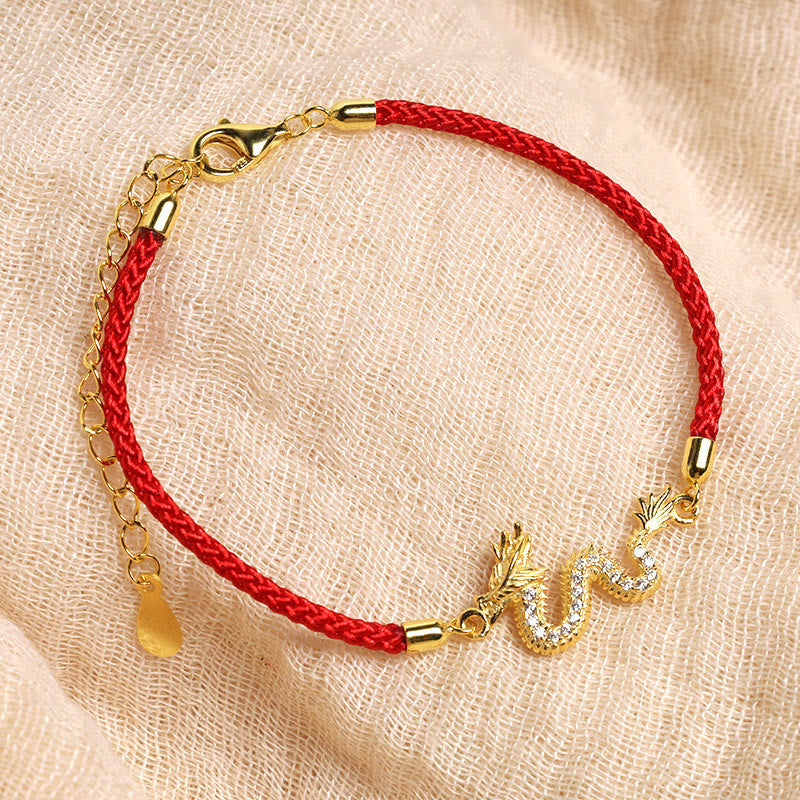 Fortune Jewel 925 Sterling Silver Year Of The Dragon Auspicious Golden Dragon Luck Red Rope Chain Bracelet