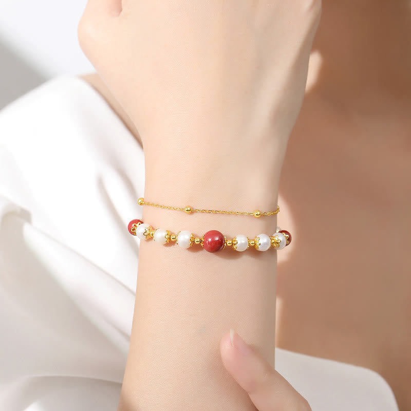 Fortune Jewel 925 Sterling Silver Pearl Cinnabar Wisdom Bead Double Layer Chain Bracelet