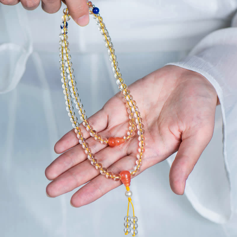 Fortune Jewel 108 Mala Beads 925 Sterling Silver Natural Citrine Red Agate White Jade Prosperity Charm Bracelet