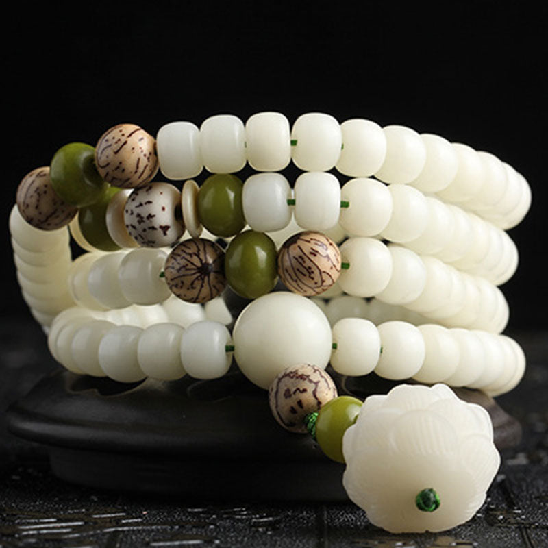 Fortune Jewel White Jade Bodhi Lotus Mala Harmony Necklace Bracelet