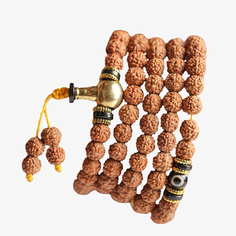 Fortune Jewel 108 Mala Beads Rudraksha Bodhi Seed Dzi Bead Luck Wealth Bracelet