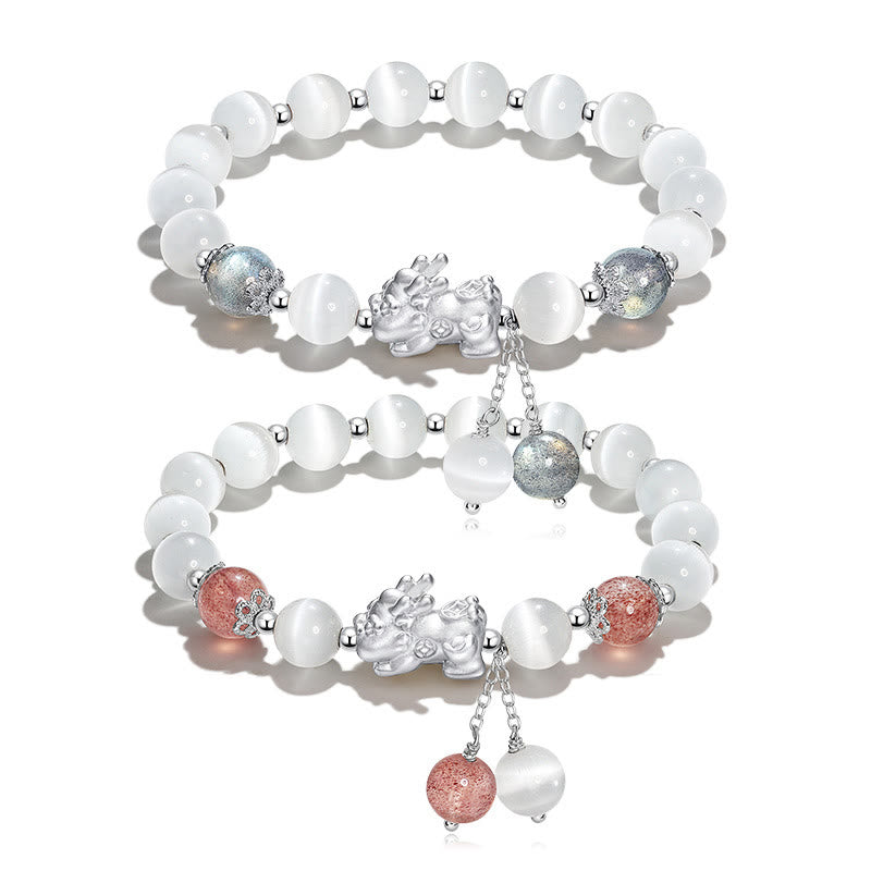 Fortune Jewel Natural Cat's Eye Moonstone Strawberry Quartz PiXiu Support Bracelet