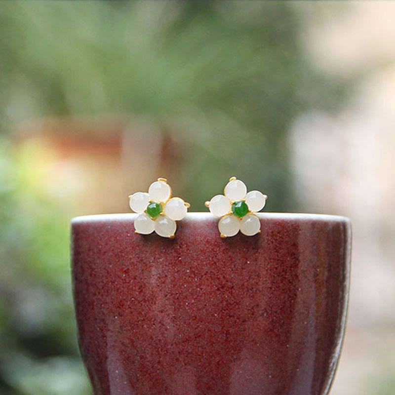 Fortune Jewel White Jade Flower Luck Blessing Stud Earrings
