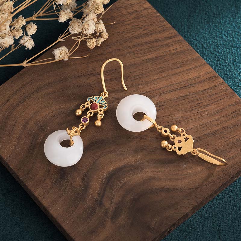 Buddha Stones FengShui White Jade Blessing Drop Earrings