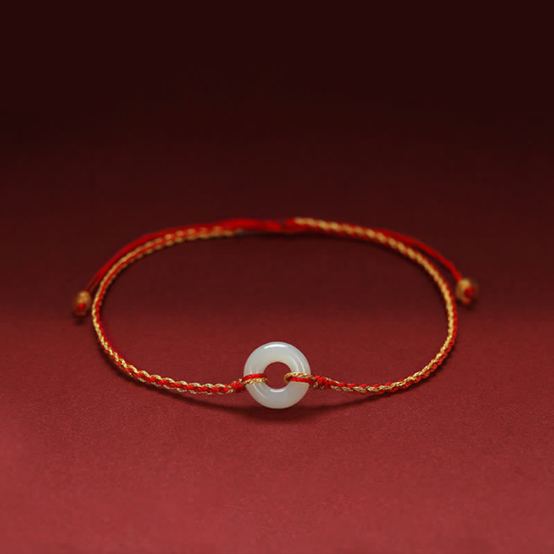 Fortune Jewel Round Peace Buckle Jade Luck Abundance Braided Bracelet Anklet