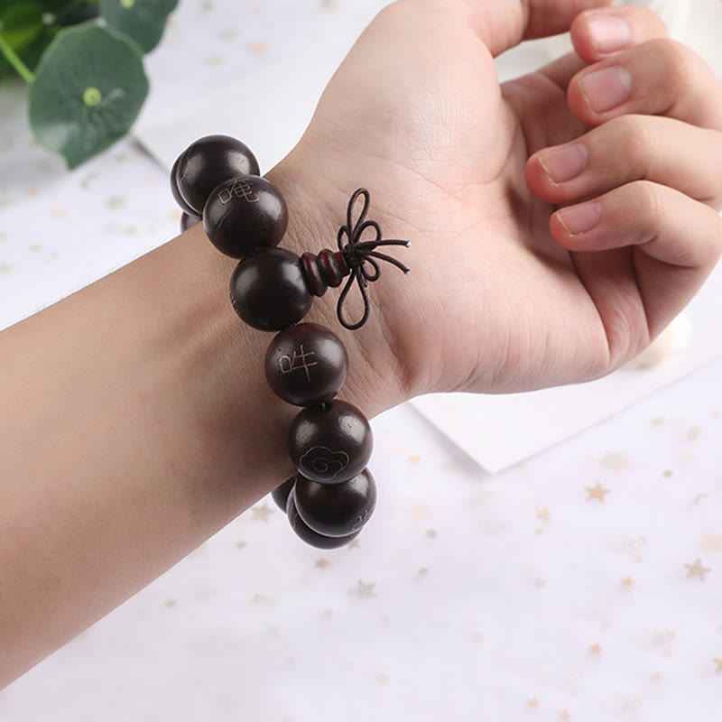 Fortune Jewel 925 Sterling Silver Inlaid Small Leaf Red Sandalwood Om Mani Padme Hum Character Auspicious Clouds Protection Bracelet